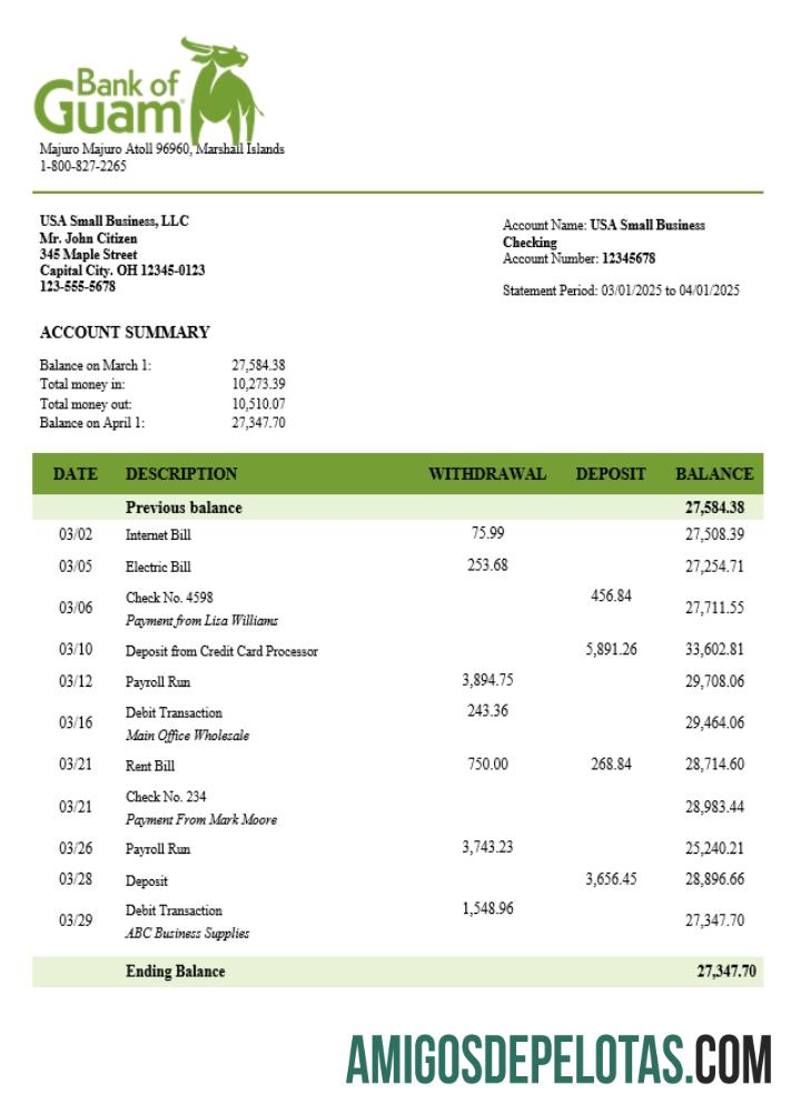 Baixável Bank Of Guamanian Business modelo de extrato de conta Word e PDF (1)